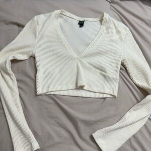 Ribbed Cream V-Neck Crop Top